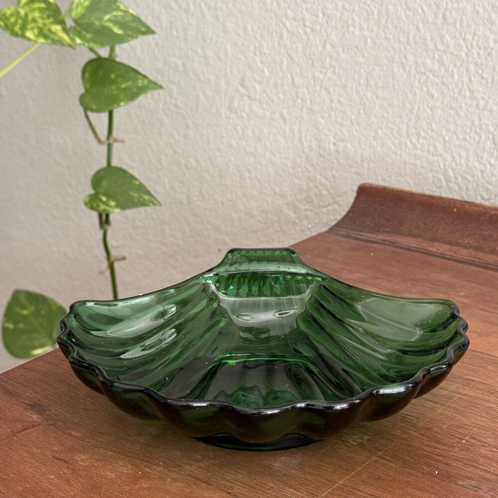 Vintage Anchor Hocking Glass Dish Bowl Seashell Forest Green Candy Mints Nuts